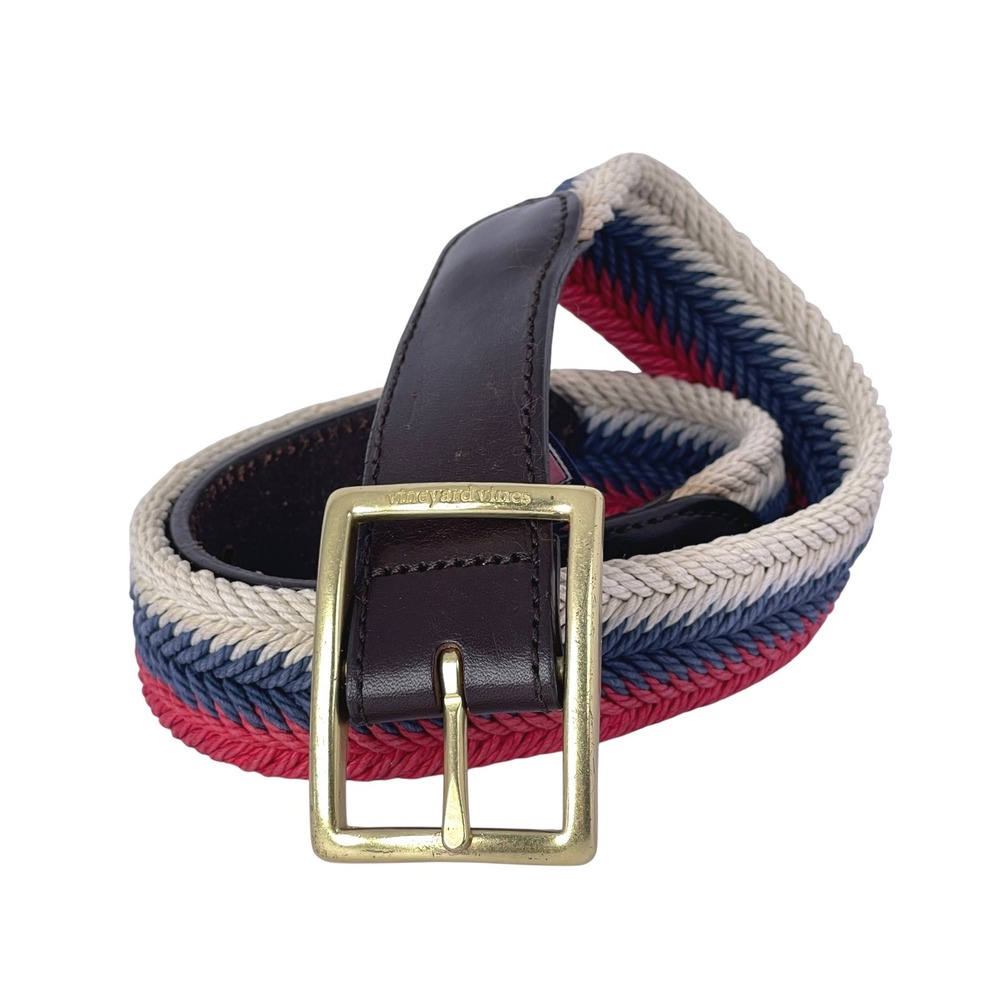 Vineyard Vines Mens Braided Woven Belt Sz 30 USA‎ Red White Blue w/ Leather Trim
